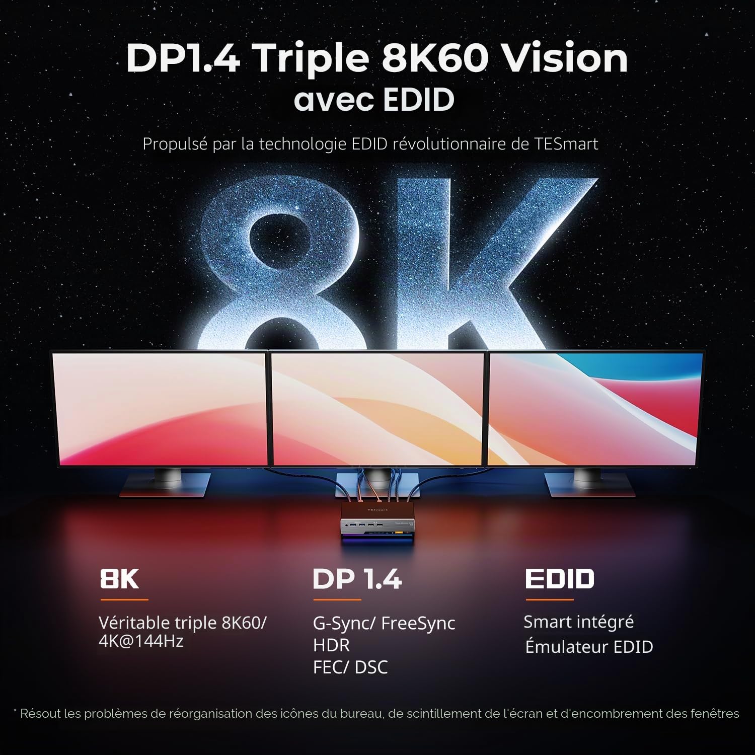 TESmart 8K@60Hz Displayport KVM Switch 2 PC 2 Moniteurs, USB 3.0 DP 1.4 Commutateurs KVM Double écran 4K@144Hz pour Gaming Dock, émulation EDID, Réseau Gigabit, Commutation Hotkey, Micro Audio