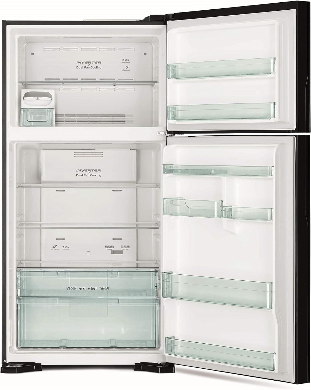 Empty interior of Hitachi refrigerator showing shelves and compartments