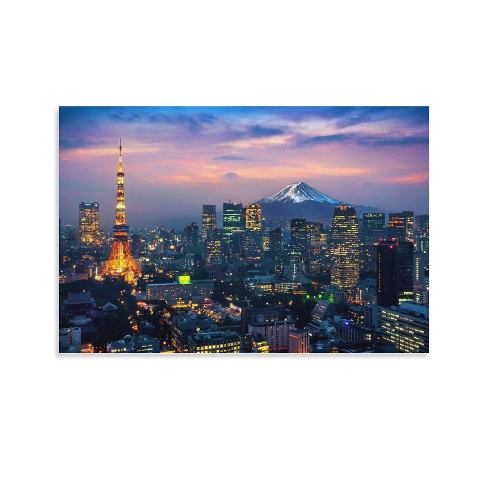 Amazon.co.jp: 絵画 東京の街並みと富士山の空撮インテリア 絵画 光る