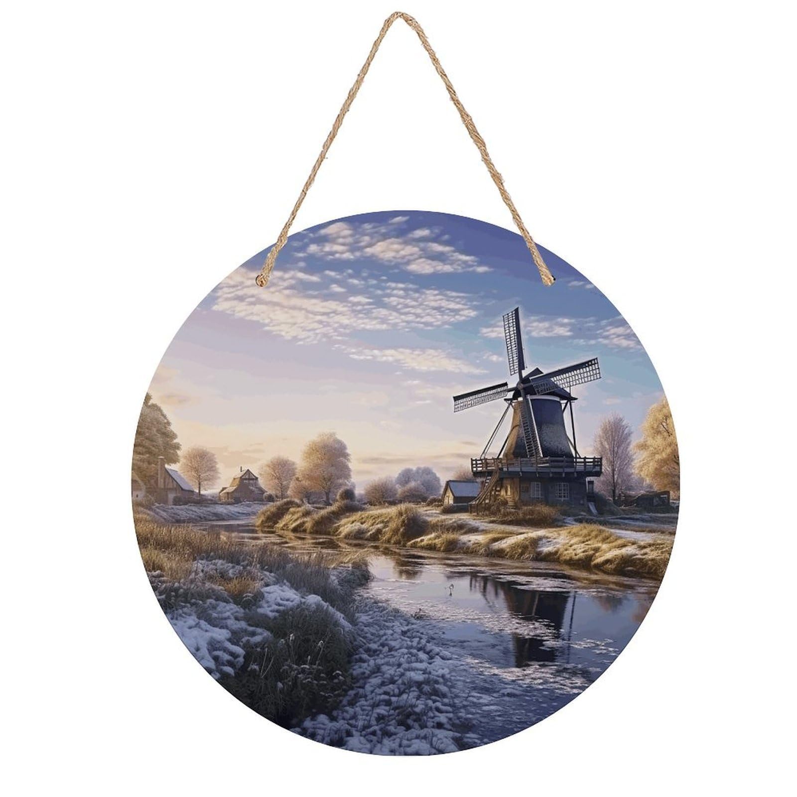 LZQPOEAS Landscape with A Traditional Windmill Round Wood Wall Art Painting, 7.9 Inch Circular Wooden Door Hanger Decorative Paintings, Rope-Hanging Wooden Wall Plaque for Home Decor And Office Party