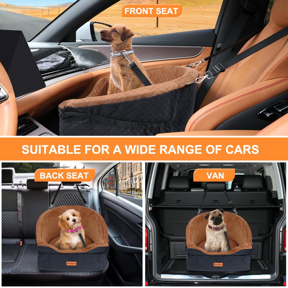 Vivifying Hunde Autositz für kleine bis mittlere Hunde, Waschbarer Hundesitz Auto mit Sicherheitsgurt und Aufbewahrungstaschen, Erhöhter Hundeautositz für Vorder- und Rücksitz, Braun