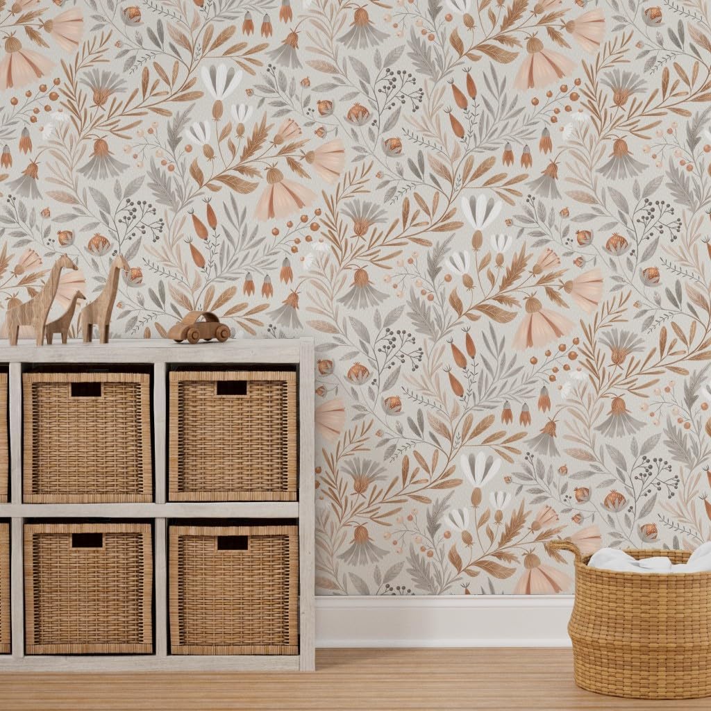 Spoonflower Peel & Stick Wallpaper 3ft x 2ft - Beige Grey Neutral Botanicals Floral Tan Warm Custom Removable Wallpaper
