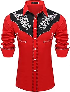 JoZorro Men's Long Sleeve Pearl Snap Shirt Rhinestone Cowboy Cut Western Embroidered Casual Button