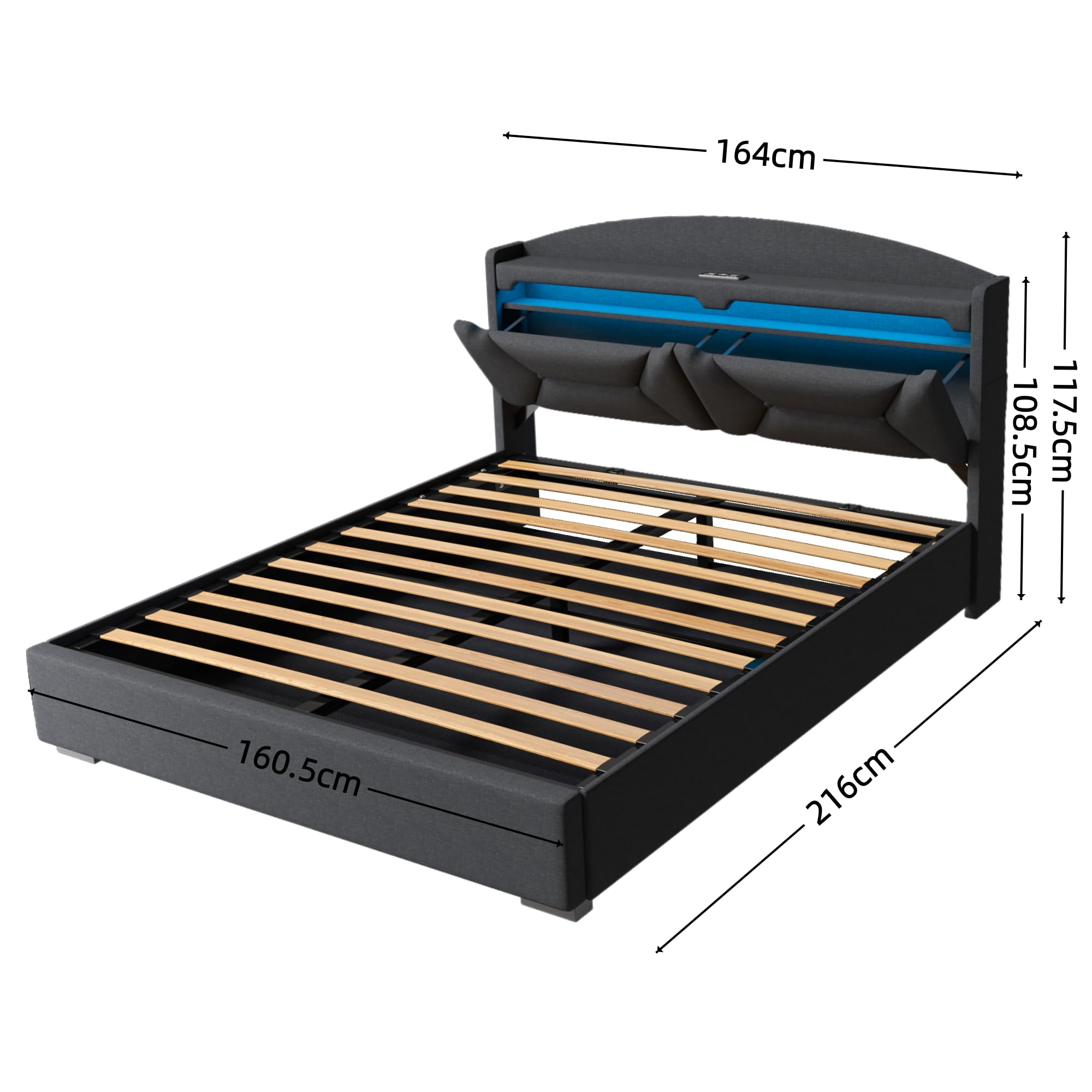 Cama Matrimonio 160x200 con Almacenamiento, Camas Matrimoniales con LED, Puertos USB y Type-C, Canape 160x200 Hidráulico, Cama Matrimonio con Cabecero, Lino, Gris, Colchón No Incluido