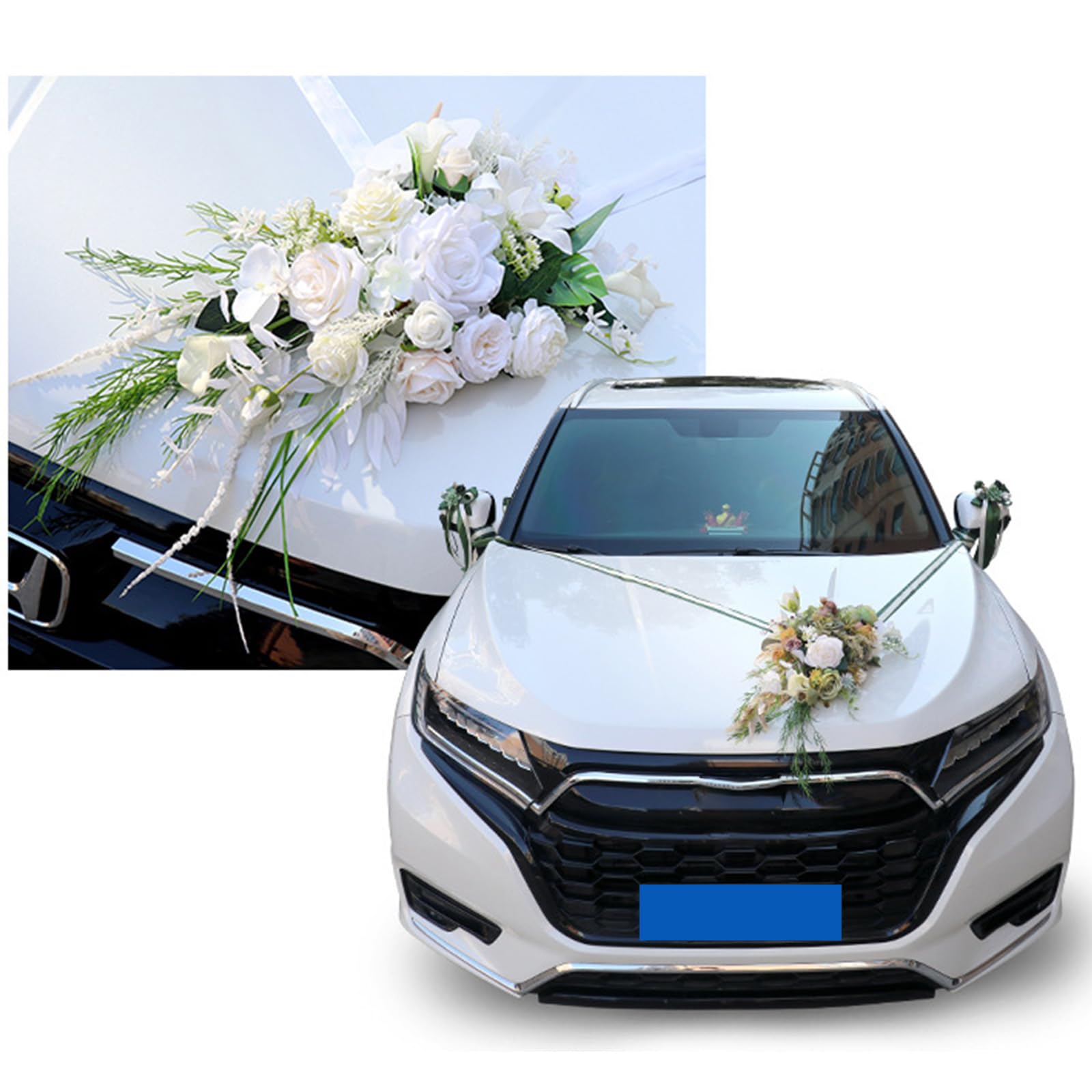 Hochzeitsauto-Dekoration, 7-teiliges Set mit realistischer Kunstblume für Auto-Dekorationen, inklusive Rückansicht und Türknauf, Brautzubehör