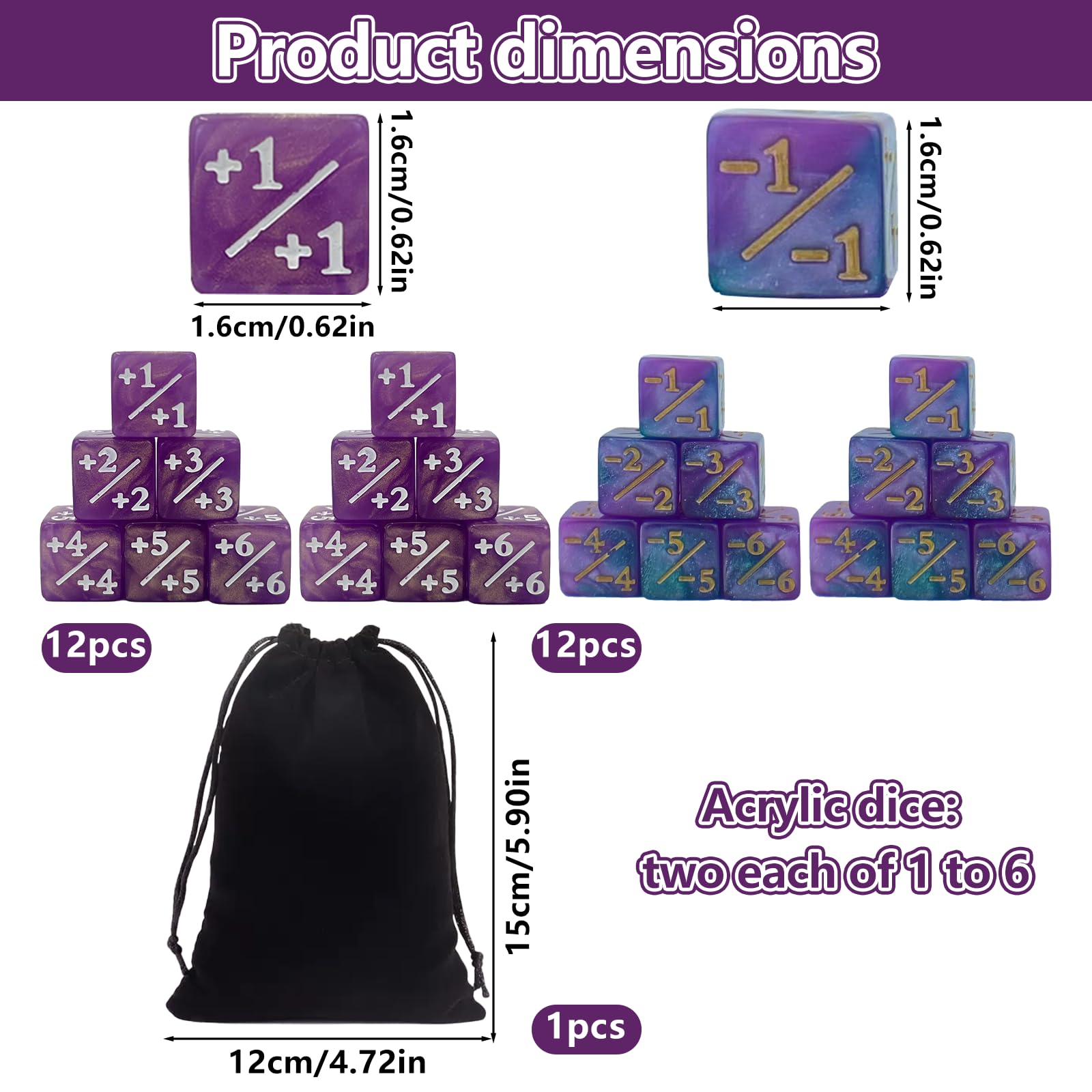 Juhuifu 24 Pcs Magic Life Counter Dice, ±1/±6 Counters, Six-Sided Dice, Compatible with Commander Deck CCG MTG TCG - Image 2