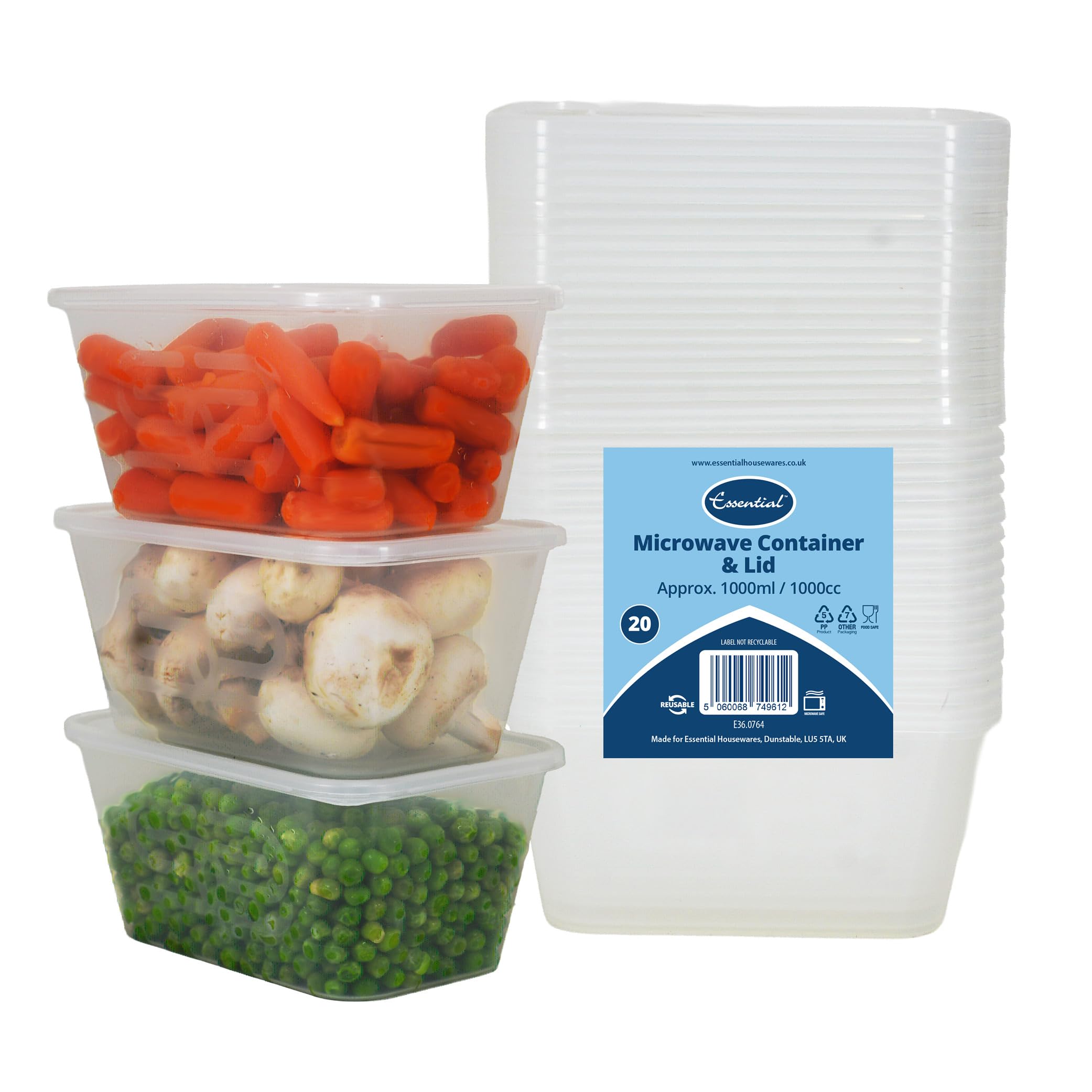 Euro Classic Essential Housewares 20 Plastic Food Containers with Lids - 1000ml. BPA-Free Leak-Proof Plastic Lunch Box Meal Prep Containers Reusable. Lunchbox Snack Box Food Storage Containers.