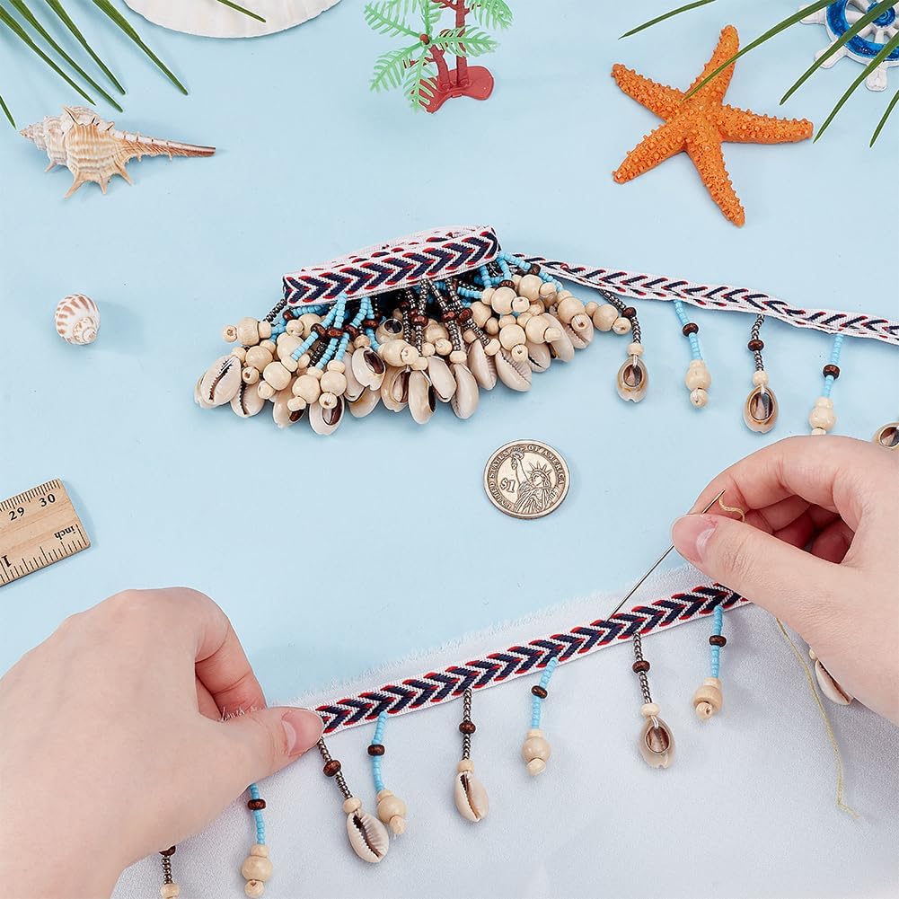PH PandaHall Shell Fringe Trim 2-1/4 Inch Wide Beaded Lace Trim Hanging Beads Ribbons Boho Tassel Ribbon Ethnic Style Lace Trimming for Sewing Costume Dress Curtain Home Decor DIY Craft, 2 Yard