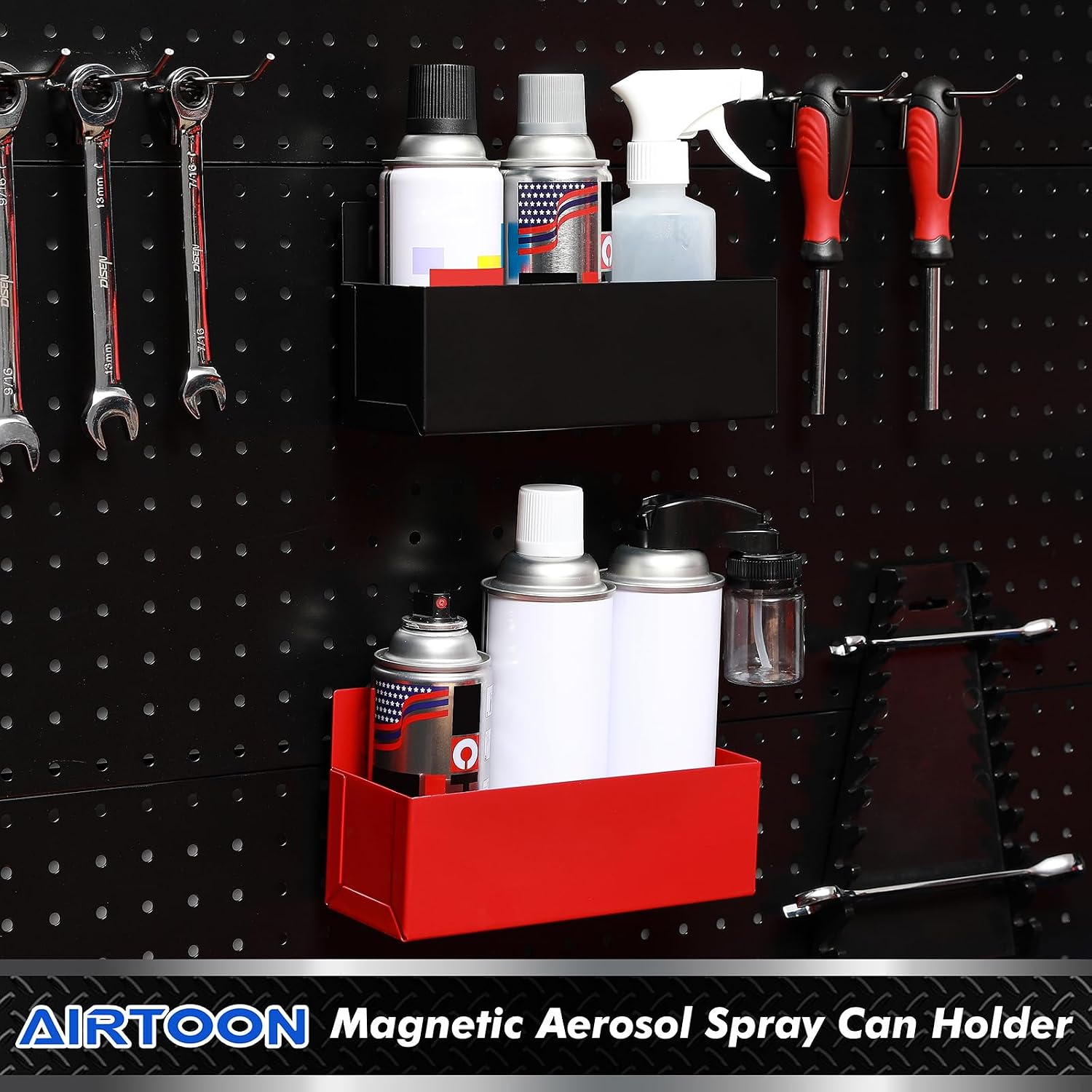 2PCS Magnetic Aerosol Spray Can Holder, Magnetic Bottle Holder for Garage, Workspace and Home, Red and Black