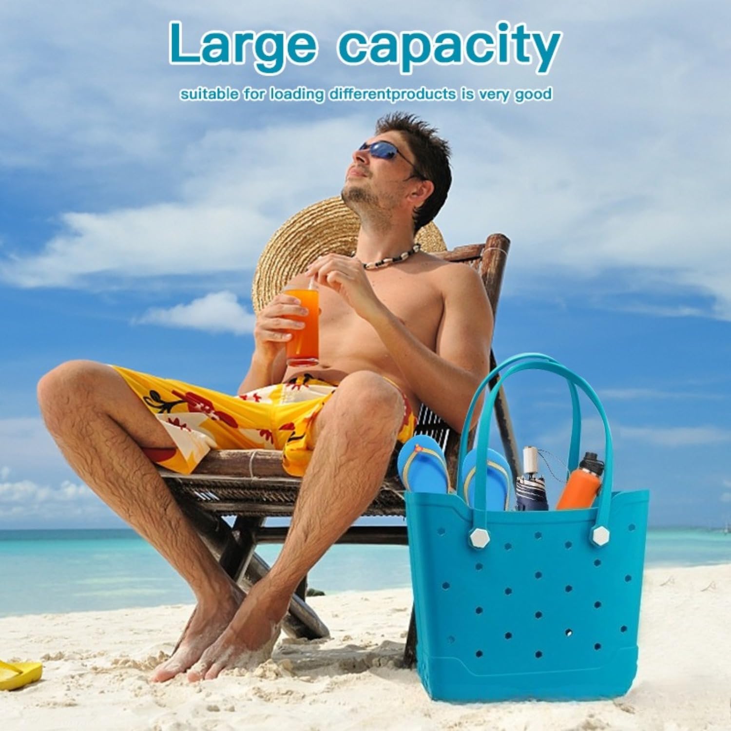 Sac fourre-tout de plage en EVA, grand sac étanche perforé, double poignée, fond antidérapant, 37 cm x 37 cm, bleu, parfait pour la plage et la piscine