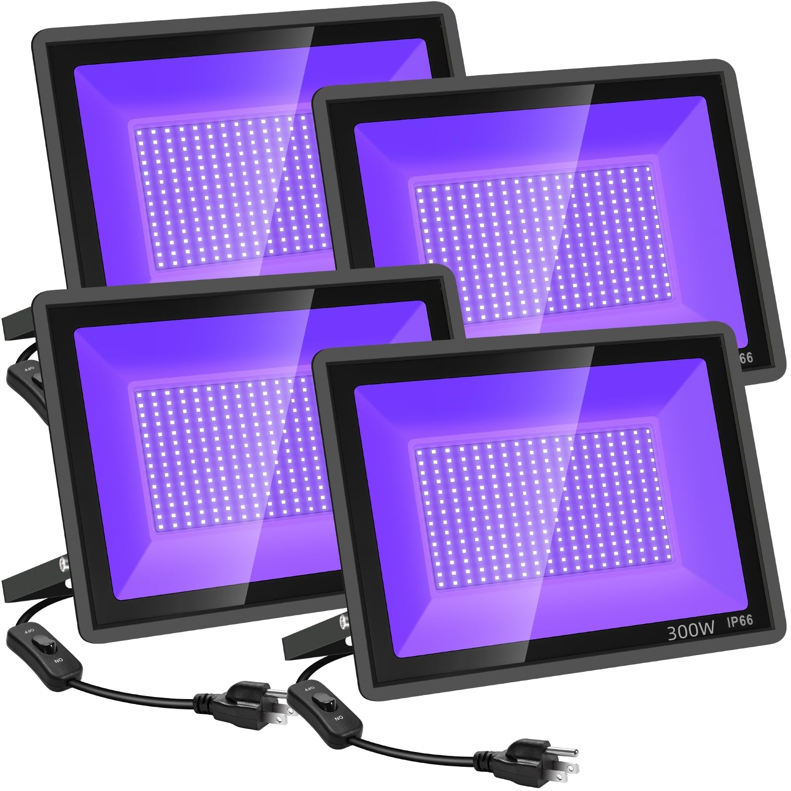 4 Pack 300W LED Black Flood Light, Outdoor with Plug and Switch, IP66 Waterproof Blacklight for Glow Party, Halloween, Fluorescent Poster, Body Paint, Aquarium