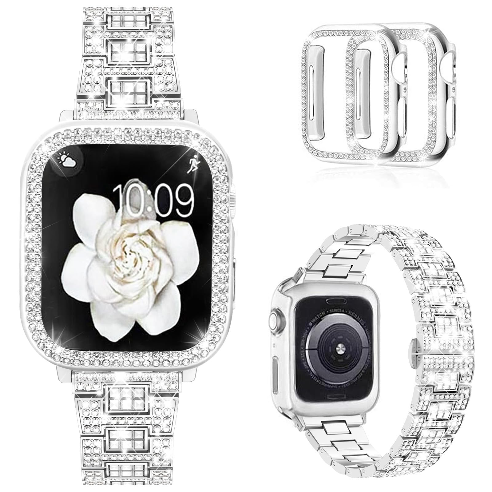 Mosonio Compatible with Apple Watch Band 38mm 40mm 41mm 42mm 44mm 45mm 46mm 49mm with 2 Pack Case Women, Jewelry Replacement Metal Bands Strap with