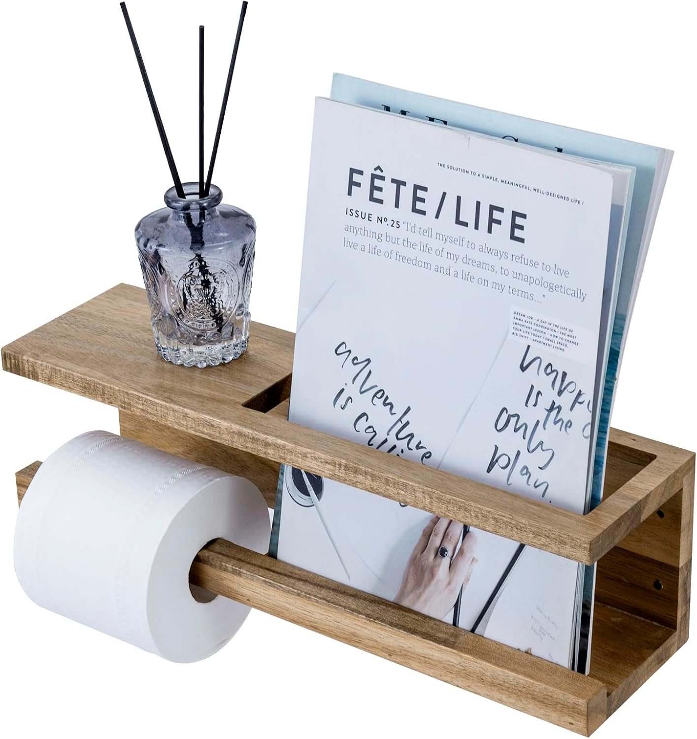 MyGift Wall Mounted Premium Acacia Wood Toilet Paper Holder with Magazine Rack – Stylish Bathroom Organizer, Durable & Functional Large