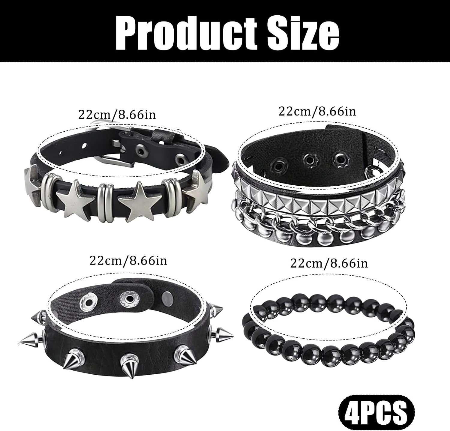 4 PCS Punk Rock Studded Bracelet Set, Leather Cuff Bracelets for Men Women, Spiked Bracelets and Emo Goth Accessories for 80s Party, Metal Spike Bracelet Set for Rock Concert Costumes