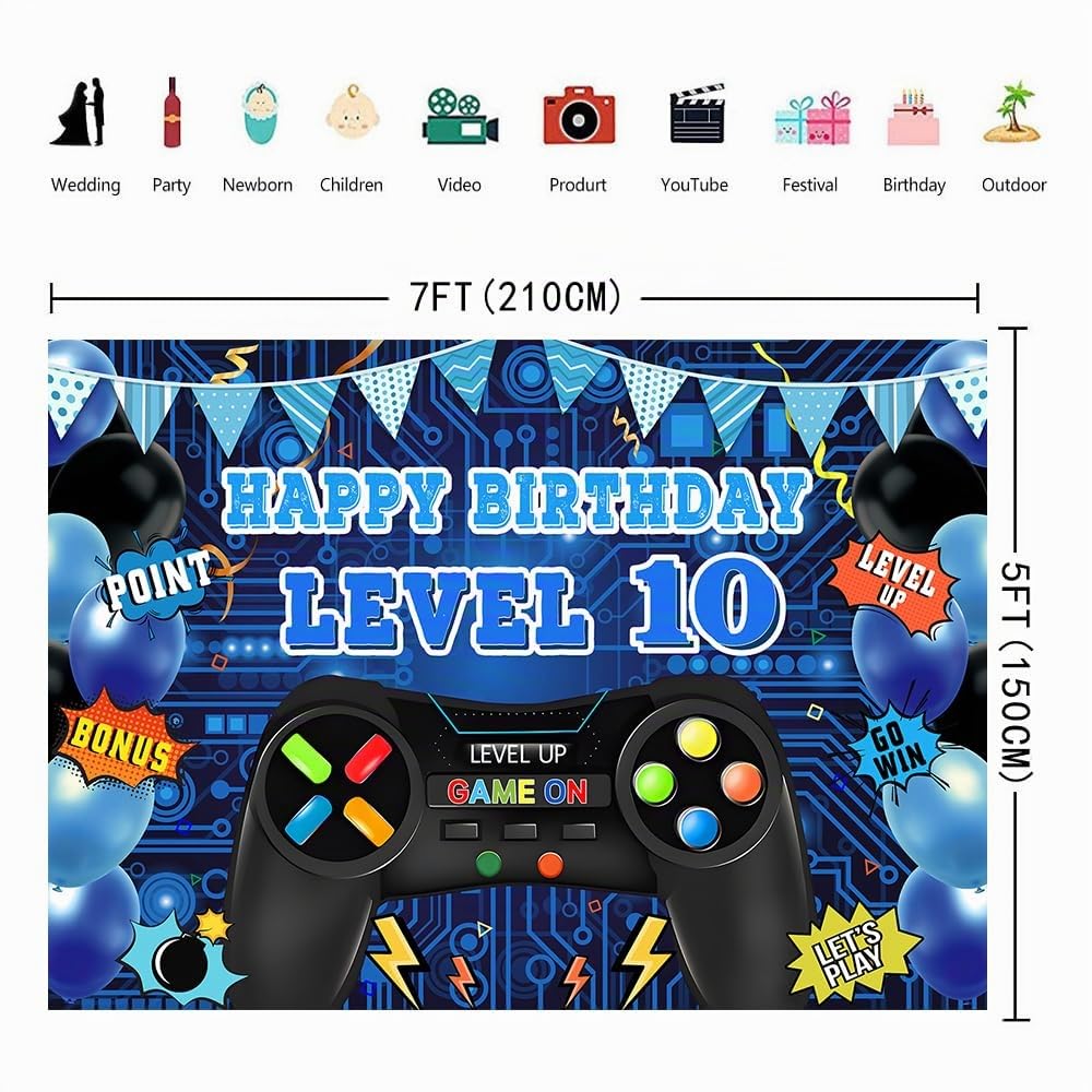 INRUI Sfondo fotografico per il decimo compleanno dei videogiochi, livello 10, sbloccato, decorazione ufficiale per feste di compleanno per ragazzi (2,1 x 1,5 m)