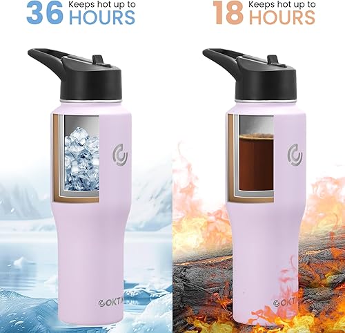 Miniatura 4 de COKTIK Botella de agua aislada, botellas de agua de 32 onzas, tapa con popote, tapa de boquilla, fría durante 36 horas, caliente durante 18 horas,