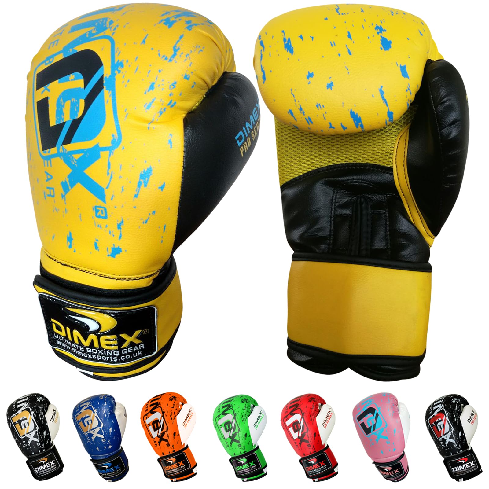Dimex Boxing Gloves for Training & Sparring Gel Padded Rex Leather Punch Bag Gloves MMA Mitts with Hook & Loop Strap Men & Women – 10oz 12oz 14oz 16oz (Yellow Black Sky, 16oz)