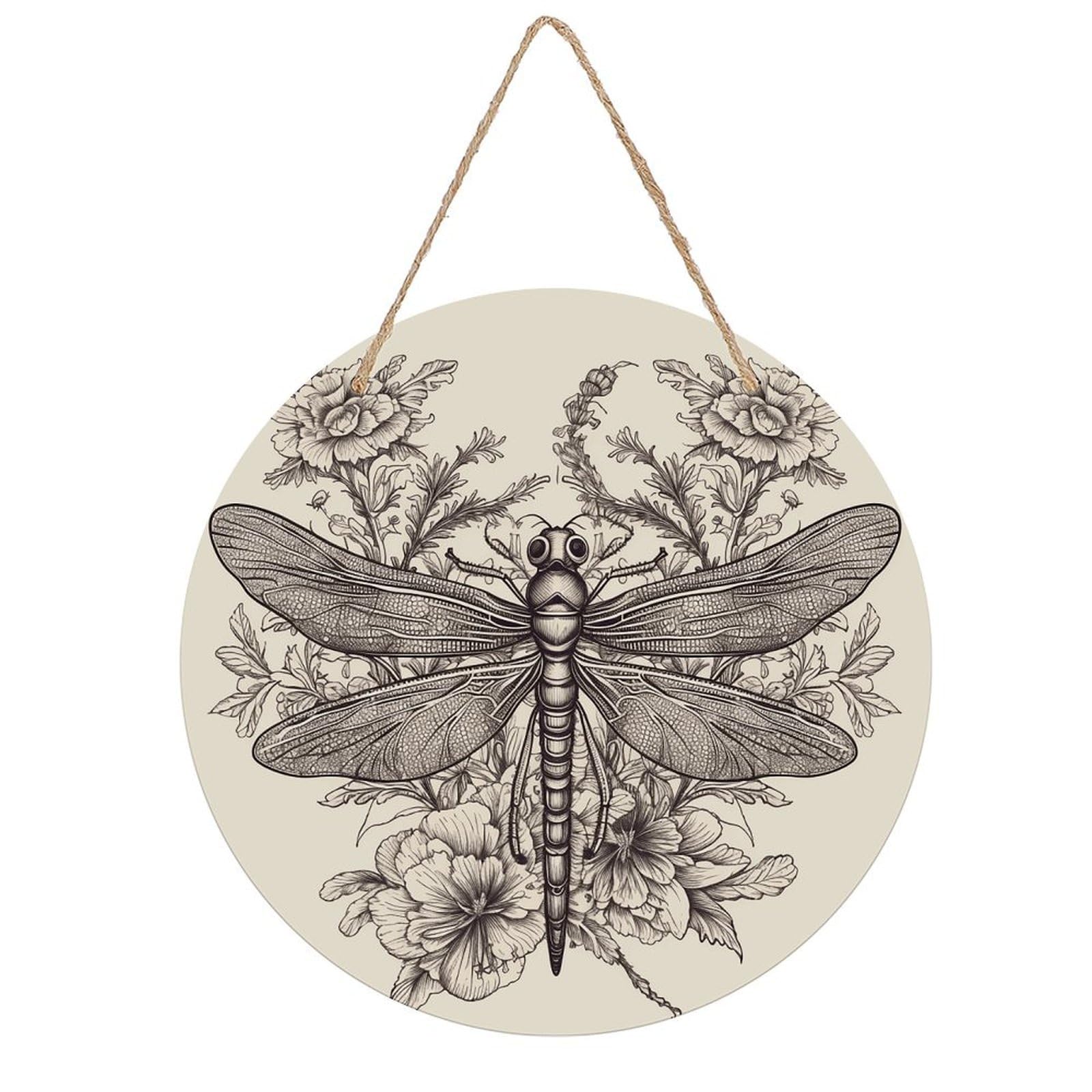 VstaDank Hand Drawn Floral Dragonfly Wall Decor Round Wood Hanging Sign 7.9x7.9 in Wooden Circle Door Hanger with Ropes, Rustic Wall Art Decor for Home Front Door Indoor Outdoor Decoration