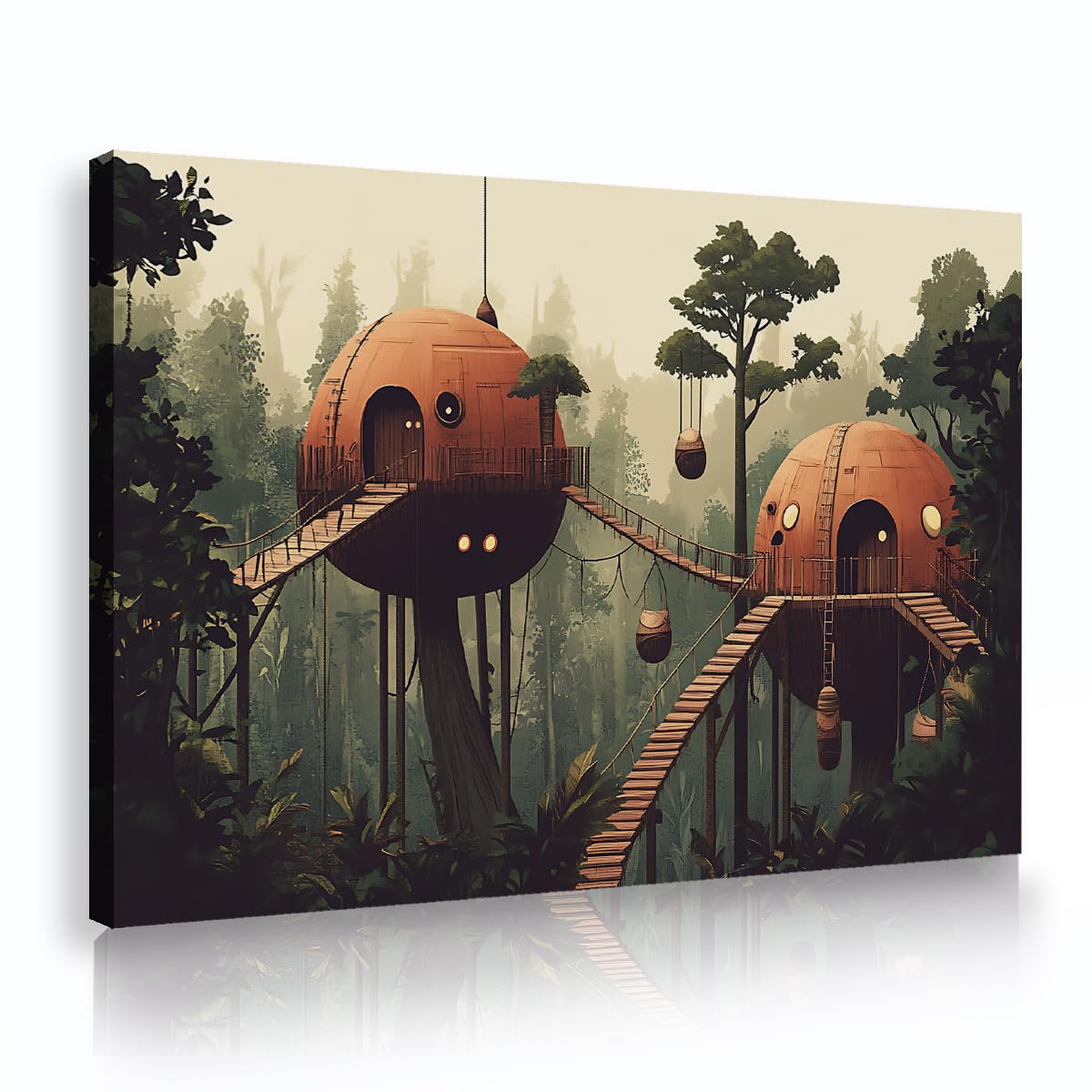 YUNART Arte murale Stampe su tela Retro giungla Tree House Art Stampe di paesaggi fantasy vintage per casa Soggiorno Studio 45x68cm Telaio interno