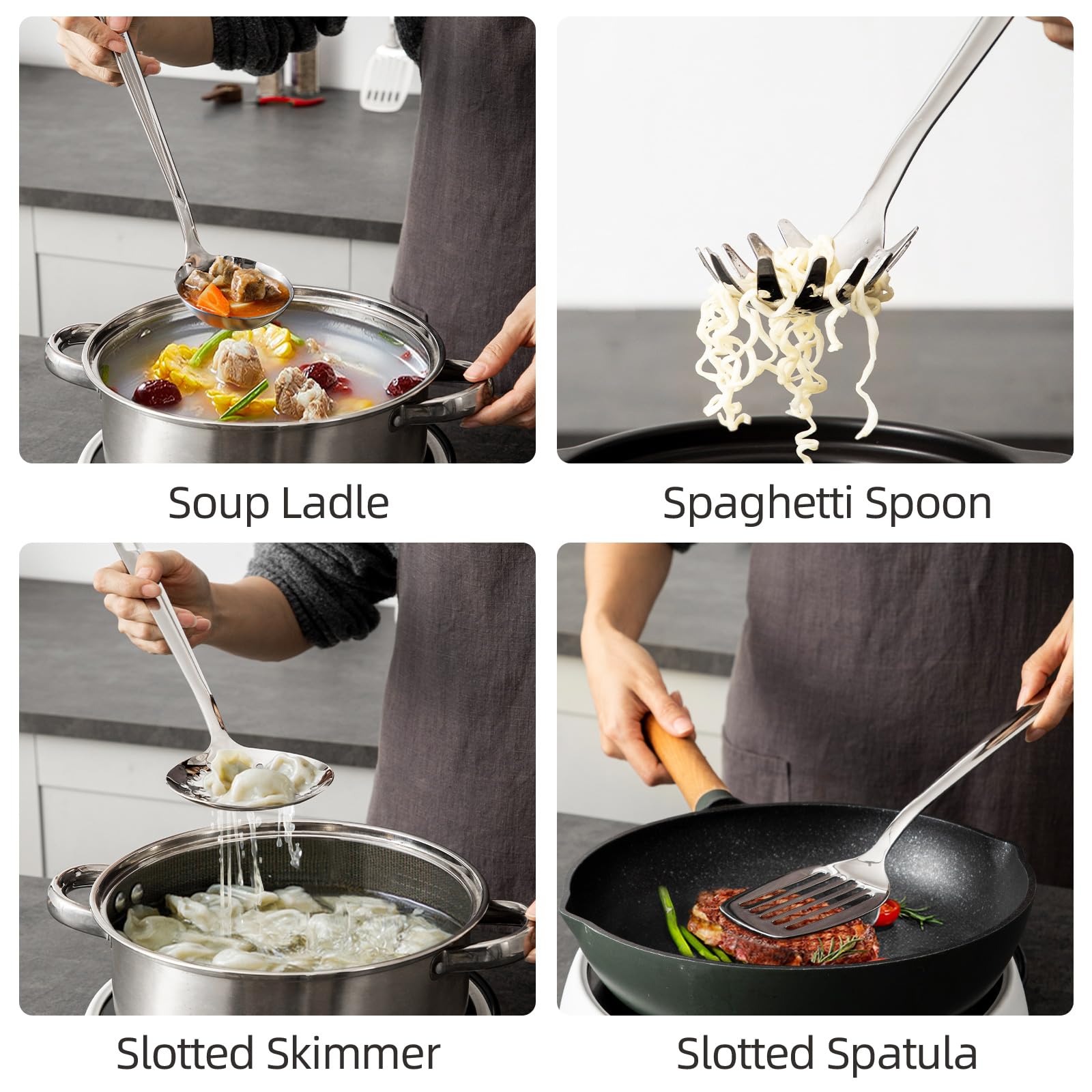Lot de 8 ustensiles de cuisine en acier inoxydable 18/8 - Écumoire durable - Louche - Cuillère de service pour la cuisine (passe au lave-vaisselle)