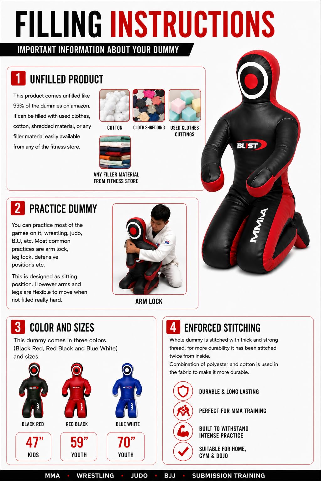 MMMA Dummy Judo Grappling Manichino Pugno Brasiliano BJJ JIU Jitsu Posizione Seduta Dummy Wrestling Arti Marziali Boxing Karate Training Manichino (UNFILLED)