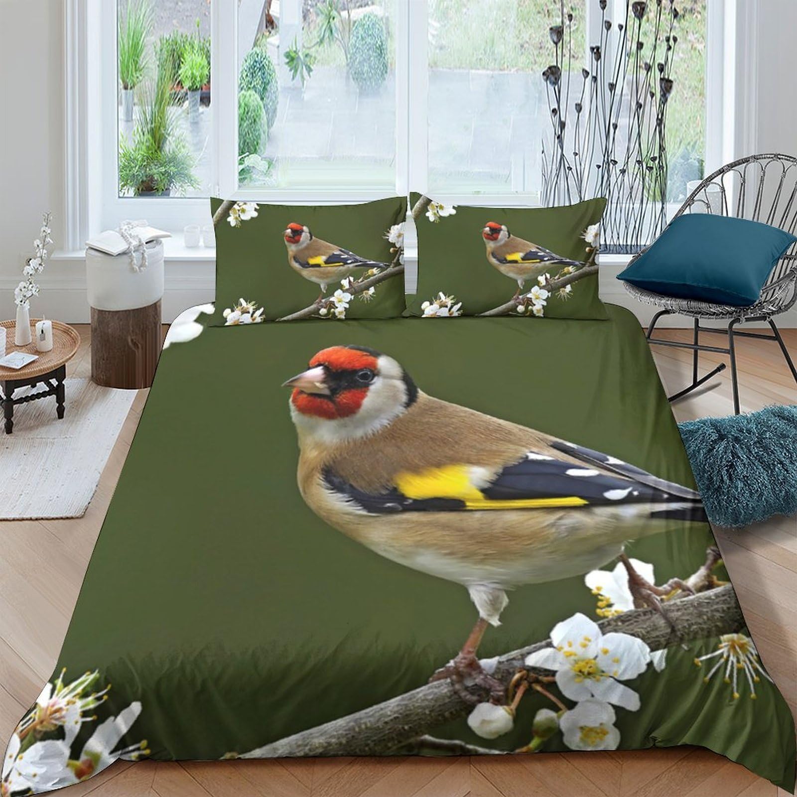 Ctjqhvkz Style-5 3D Printed Goldfinch Bird Fitted Sheet Microfiber Green Blossom Bed Cover Anti-Slip Machine Washable Decor For Bedroom Single（135X200cm）