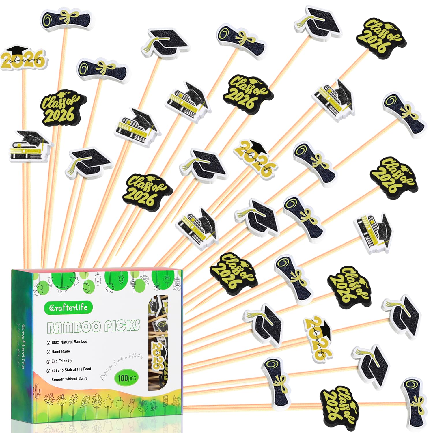Photo 1 of 100Pcs Graduation Cocktail Picks, Class of 2026 Grad Theme Decor Toothpicks Fruit Sticks Skewers with Topper for Appetizers Charcuterie Accessories Congrats Grads Decorations Themed Party Supplies