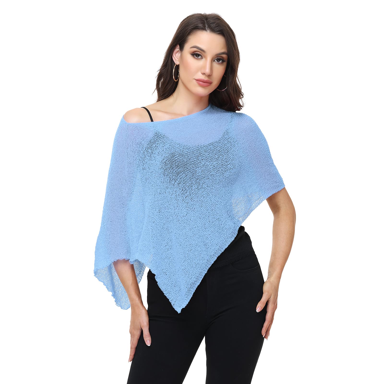 Ladiery Women's Blue Sheer Poncho Top Swimsuit Cover Up - Asymmetrical Shrug For Evening Dresses, Formal Beach & Resort Cape (Blue)