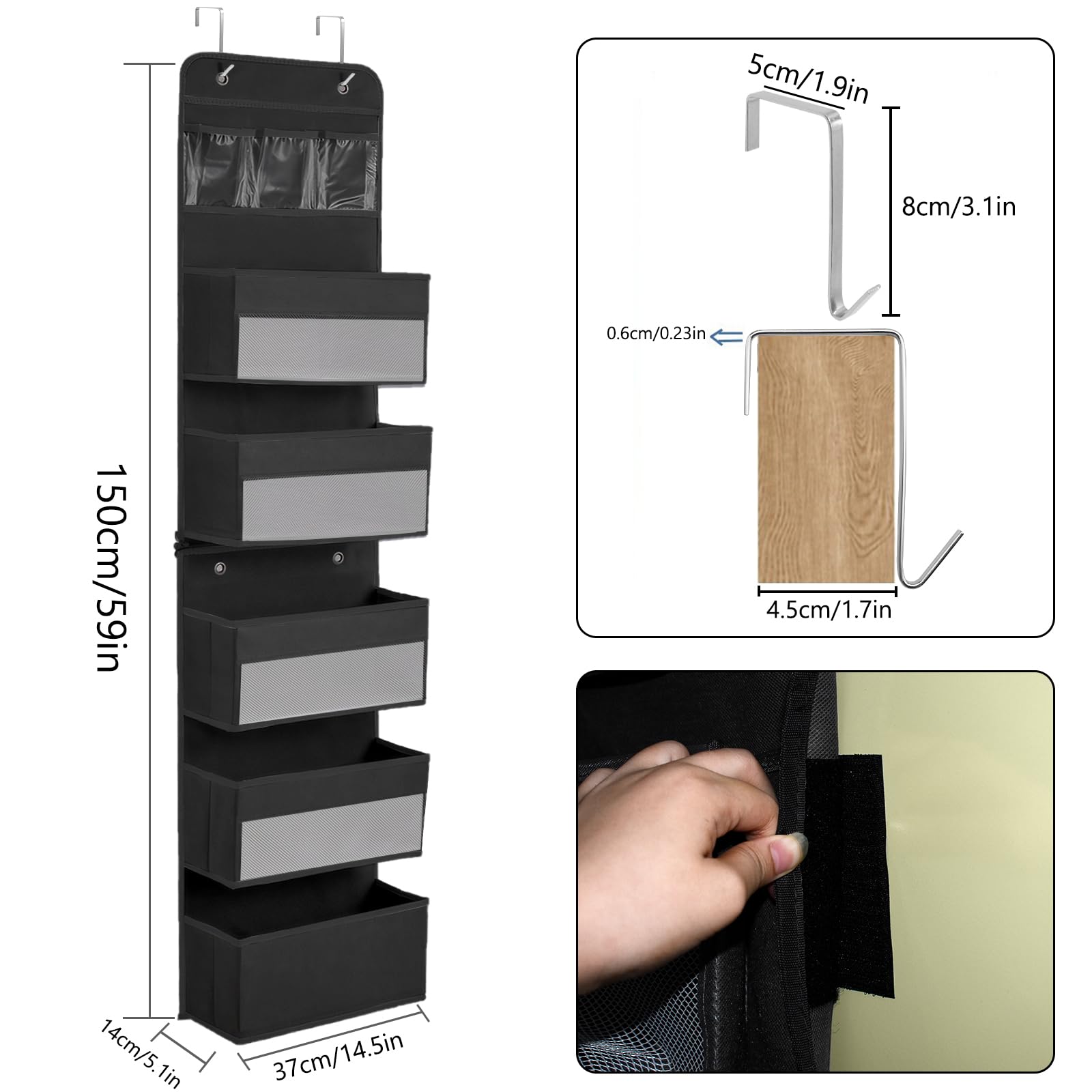 Organizador Colgante Extraíble con 5 Capas y 4 Ganchos - Tela para Colgar en Puerta - para Dormitorios y Habitaciones Infantiles, Negro