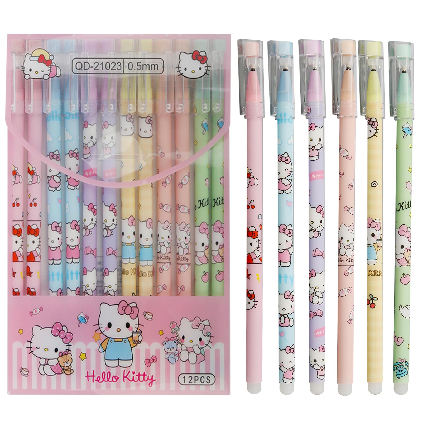Cartoon Erasable Gel Pens, 12 Pcs Black 0.5mm Roller Ball Cute Erasable Gel Ink Pen, Kawaii Pens Kawaii Stationery for Kids Teens Students Office Gifts