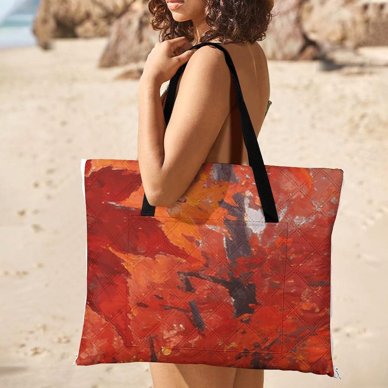 Red Oil Painting Picnic Blanket with Zipper Water Resistant Sand Free Picnic Mat Washable Foldable Easy Carry Beach Blanket for Lawn Beach Hiking Camping