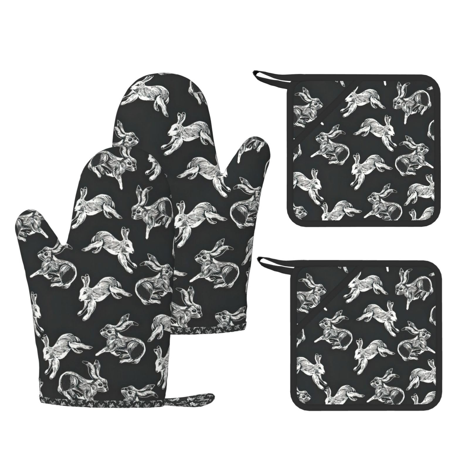 Bunny Rabbit Trendy Printed Kitchen Set with Heat Resistant Gloves & Non-Slip Hot Pads for Baking & Grilling