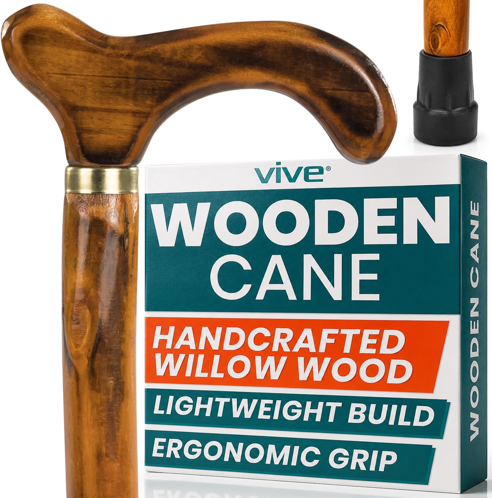 Vive Wooden Walking Stick Cane - for Men, Women, & Seniors - 36 Inch Single | Point Rubber Tip with Willow Handle - Ergonomic Grip for Balance & Stability - Lightweight Elderly Assistance Product