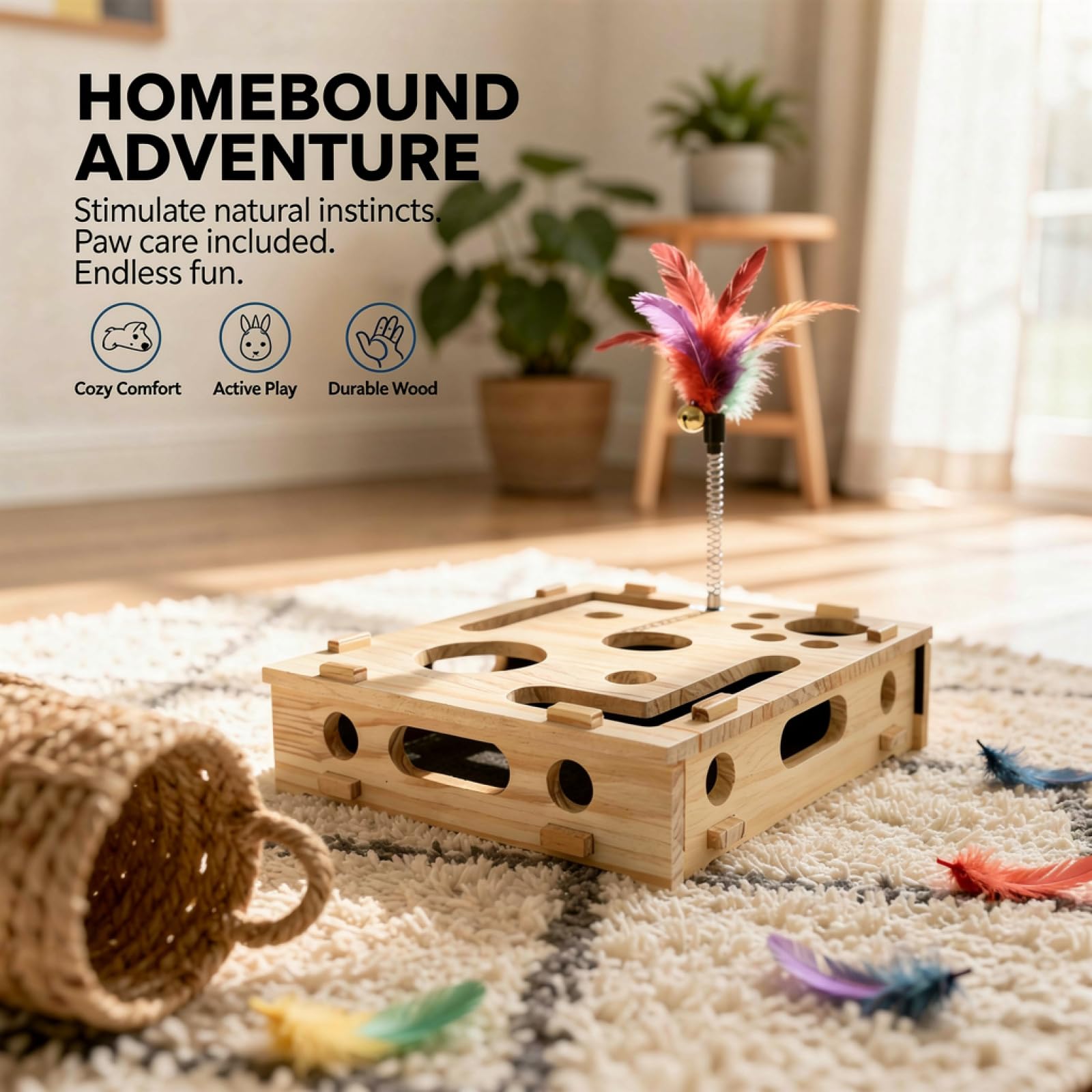 Generisch Holz-Katzen-Spielzeugkiste, mit Federangel und 3 Rasselbällen, Labyrinth-Design Kratz-Puzzle, seitliche Öffnungen, interaktives Spiel, gegen Langeweile, Pfotenmassage, 29,5 x 25 x 7 cm