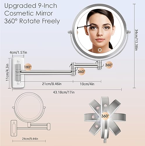 Miniatura 5 de VESAUR Espejo de maquillaje recargable de 9 pulgadas, espejo de tocador de aumento de doble cara 1X10X con 3 colores, brillo ajustable, espejo de