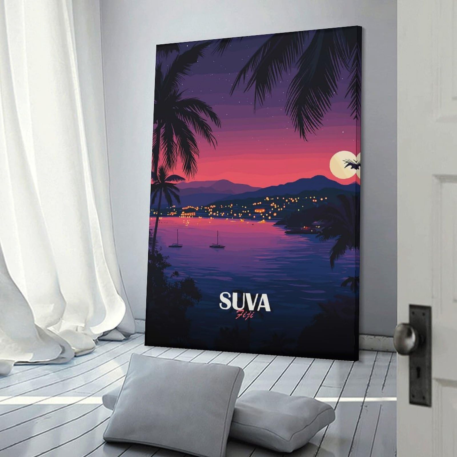 Junmoney Home Decor Wall Art Suva Fiji Tropical Nightscape Illustration, 12x18inch(30x45cm), for Workspace Walls, Study Corners Or Bedrooms, A Smart Decor Choice for Study Walls