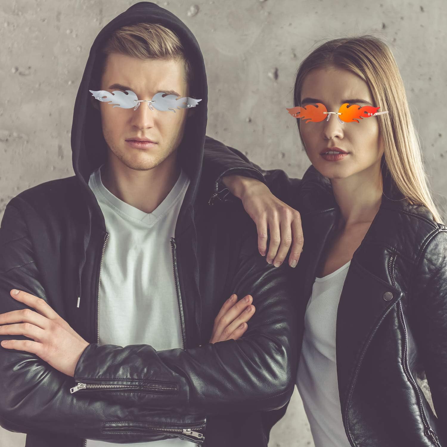 2 Pieces Fire Flame Sunglasses Flame Rimless Sunglasses Rimless Wave Glasses Fire Shape Glasses Eyewear for Party (Red and Silver) - Image 7