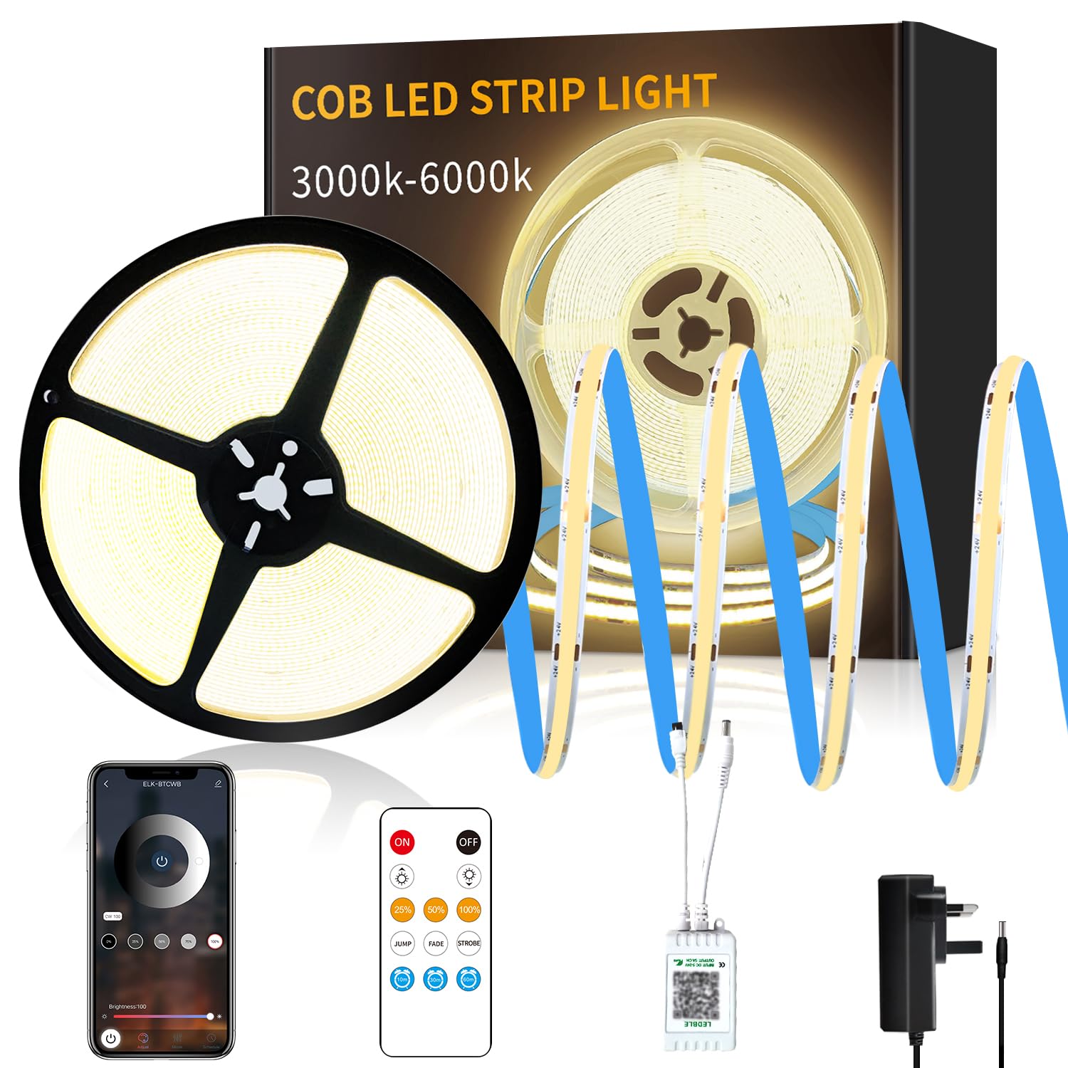 Yeewhale COB LED Strip Lights 3000K Warm White 15M 24V Dimmable LED Strip Kit, with Remote and app Control and UKCA Power Supply LED Tape Lights,for DIY Home Decoration
