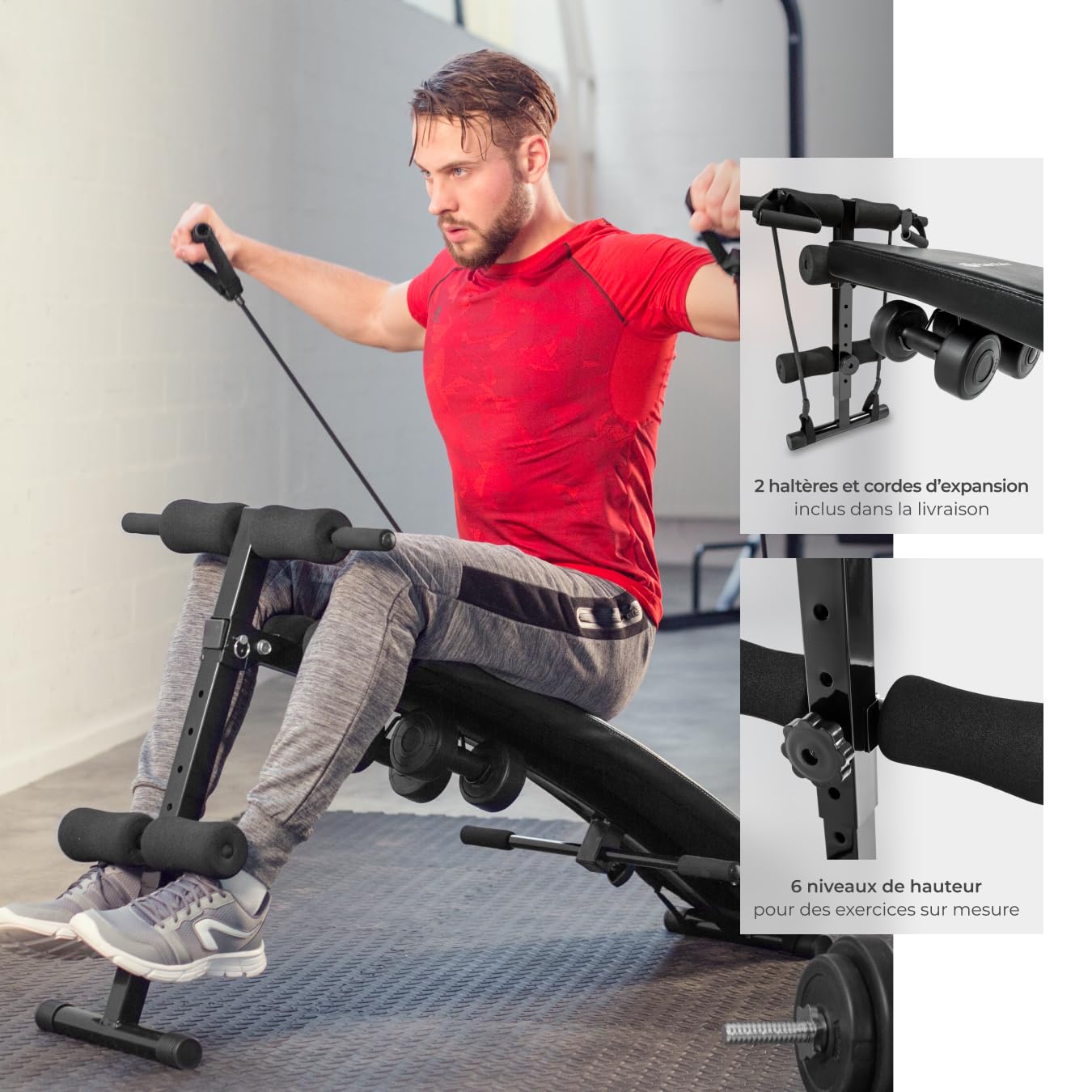 tectake® Banc de musculation pour Abdominaux, 6 niveaux de hauteur réglables, 2 haltères et 2 cordes d’entraînement inclus, Banc abdominaux Sport Musculation maison Fitness Muscu Abdos Home gym