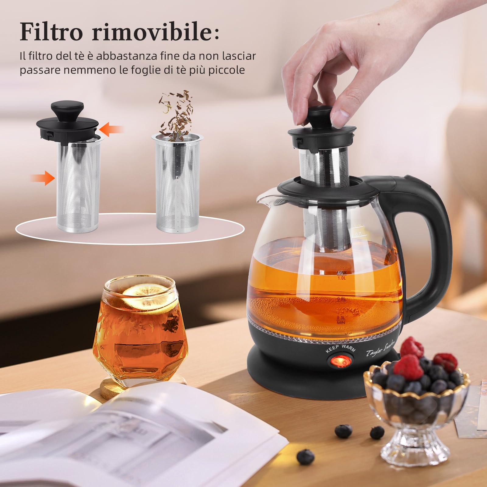 Taylor Swoden Abel - Bollitore Elettrico da 1 Litro, Bollitore in Vetro Borosilicato 2200W, Luce Led, funzione di Mantenimento Caldo, Con Infusore e Filtro Rimovibile, Teiera BPA-Free