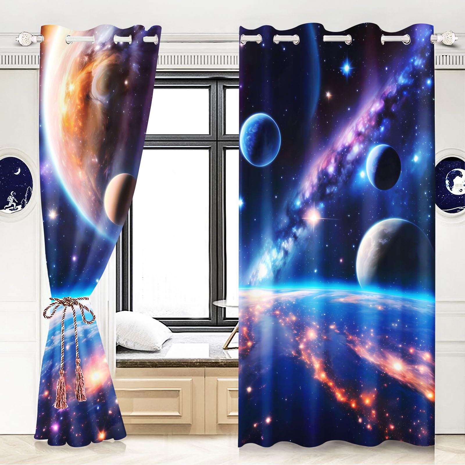blickdichte Weltraum Vorhänge mit Ösen, Kinder 75x166 2 Stück | hautfreundlicher waschbarer Stoff mit bleichfestem Druck, Größe 150x166 cm