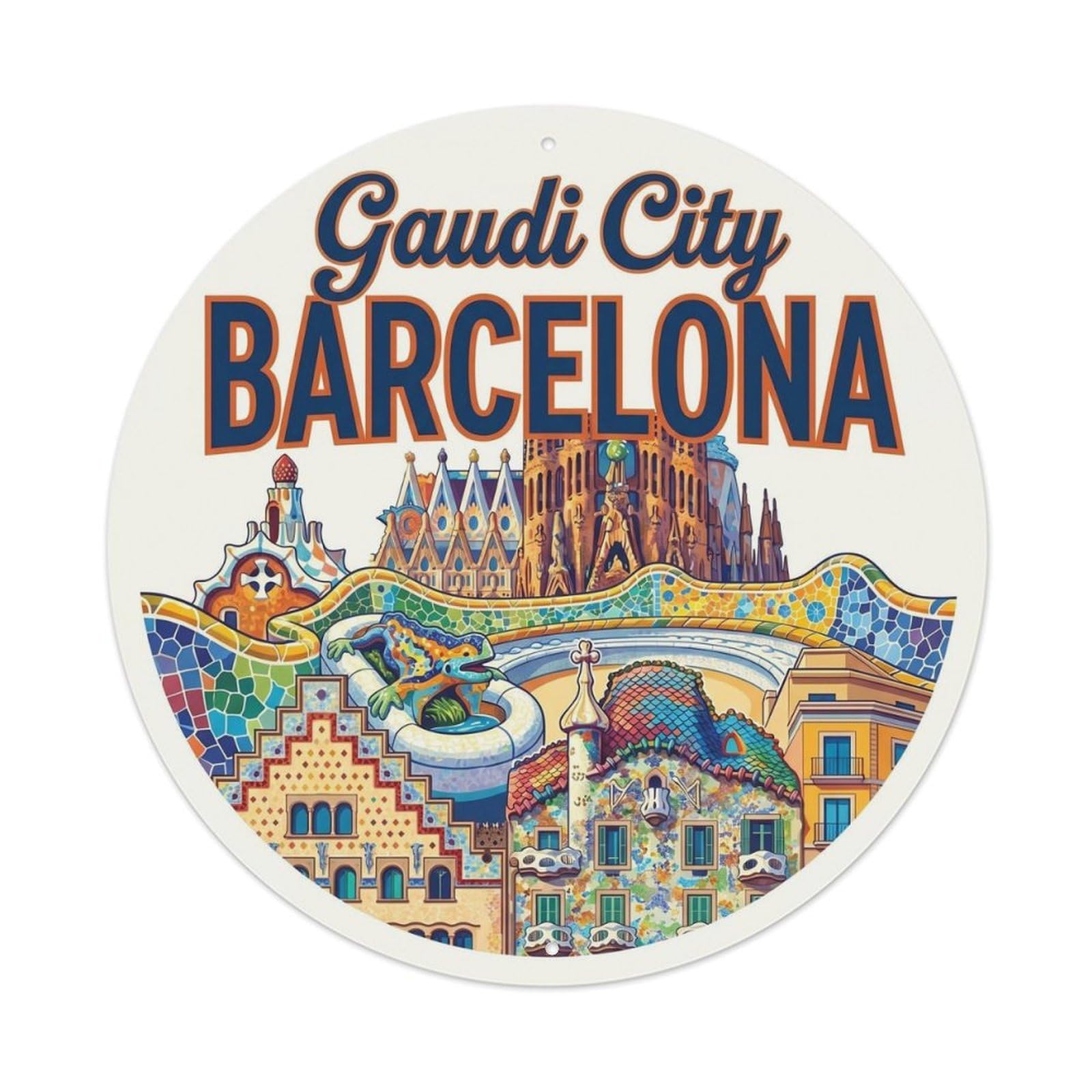 Barcelona Modernist Retro Travel Spanish Cityscape Heritage Metal Tin Sign Plaque Wall Decor for Cafe, Man Cave, Club Bar, Office, Home Garden Round Metal Poster 8x8Inch