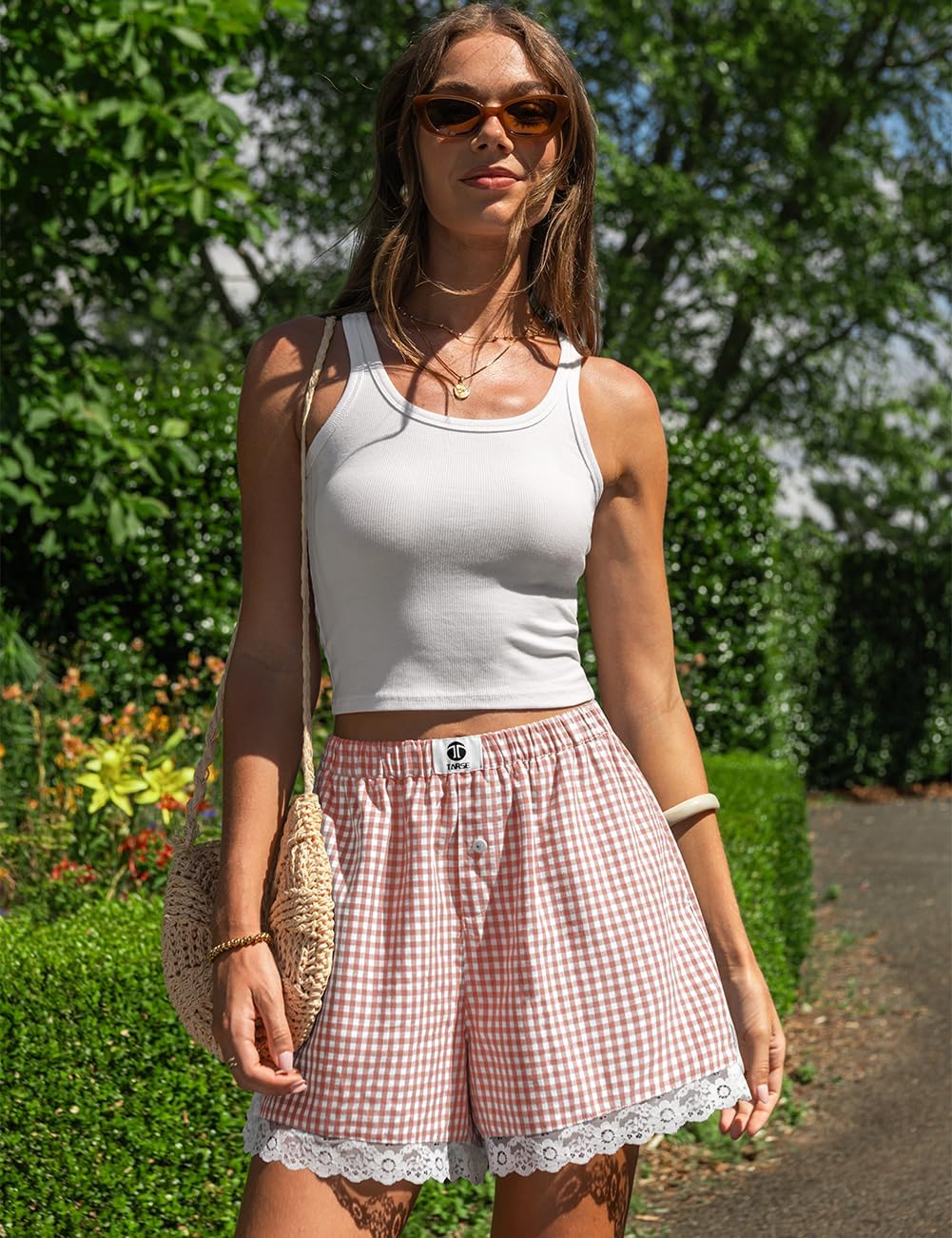 TARSE Gingham Shorts for Women Boxer Lace Trim Sleep Pajama Lounge Shorts Summer Casual Home Wear Bottoms - Image 3