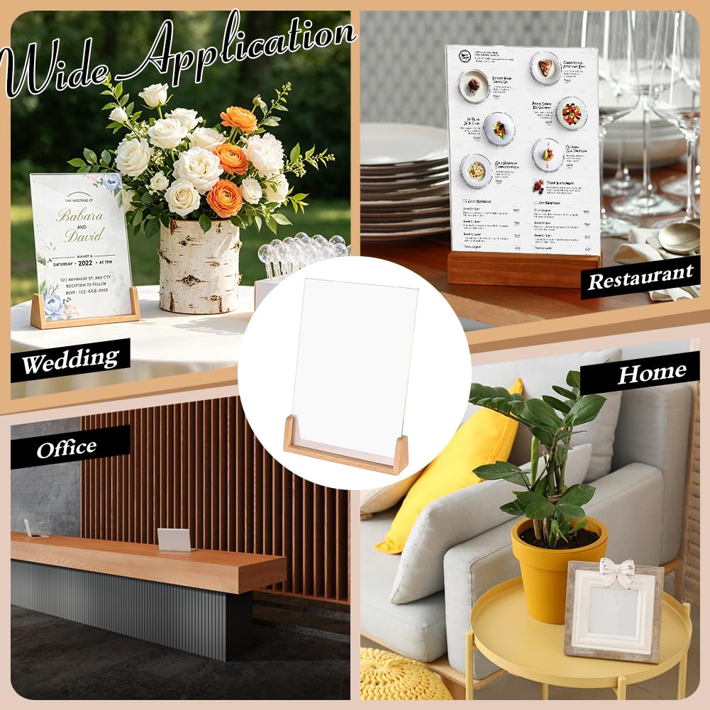 MAYJOYDIY Acryl-Schilderhalter mit Holzsockel, 22 x 5 cm, transparenter Menüständer, rechteckig, vertikal, Flyer, Präsentationstisch, Papierhalter für Büro, Geschäft, Restaurants, Hochzeit, Party