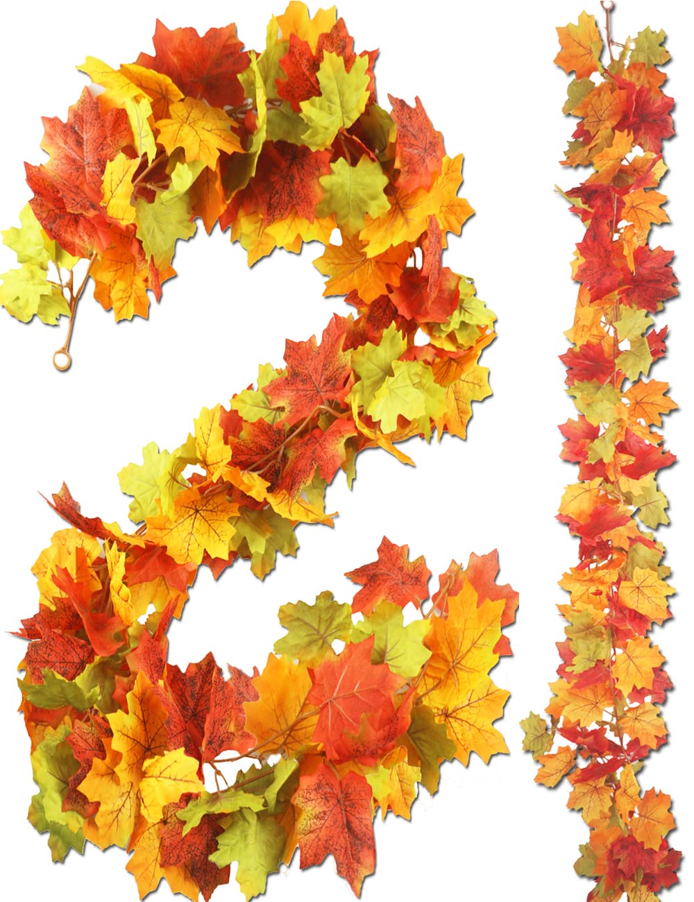 2 Pack Artificial Autumn Maple Leaves Vines Decorations, 5.9Ft/Piece Fall Leaf Garland Hanging Plant with Hooks, Thanksgiving Halloween Decor for House Garden Wall Doorway Fireplace Autumn Decoration