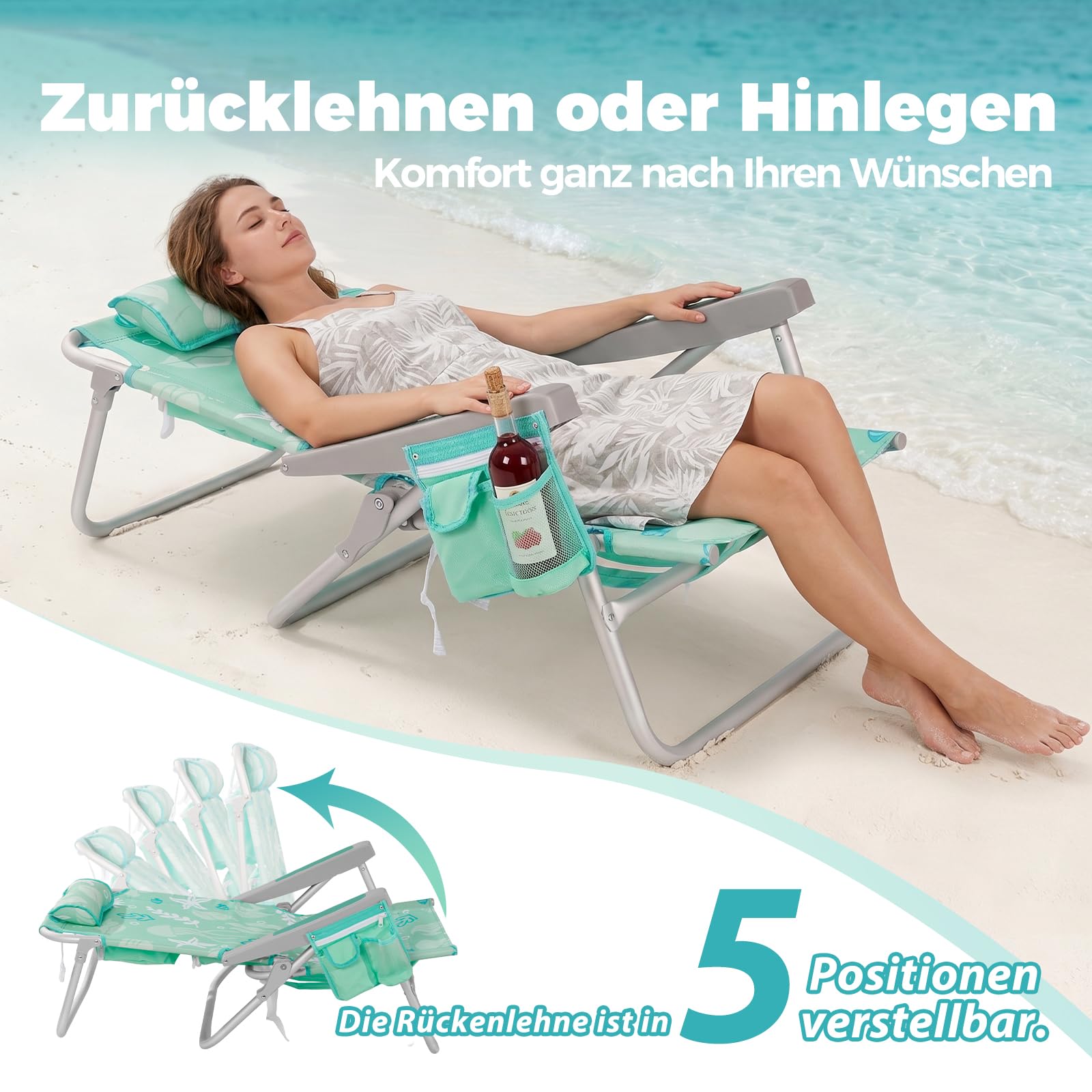 Homecall Join Nature Chaise de plage pliante légère avec dossier réglable à 5 niveaux - Pliable jusqu'à 150 kg - Pour la plage, l'extérieur (basse, océan menthe, 1 pièce)