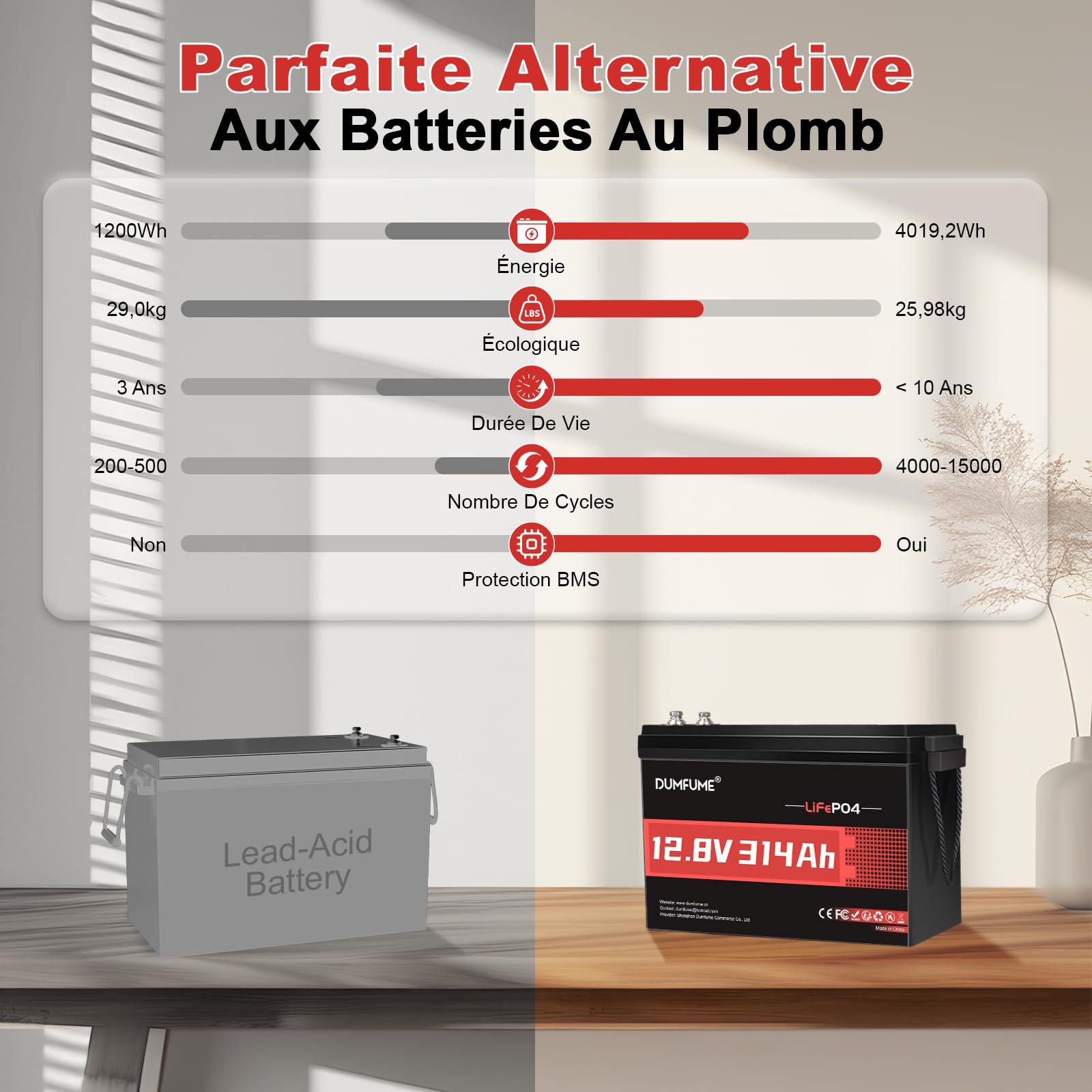 Batterie Lithium 12V 314Ah LiFePO4, Améliorée Batterie 12V 300Ah, 4019Wh BMS 200A, Protection Basse Température pour Stockage Solaire, Camping-Car, Alimentation Secours, Hors-Réseau