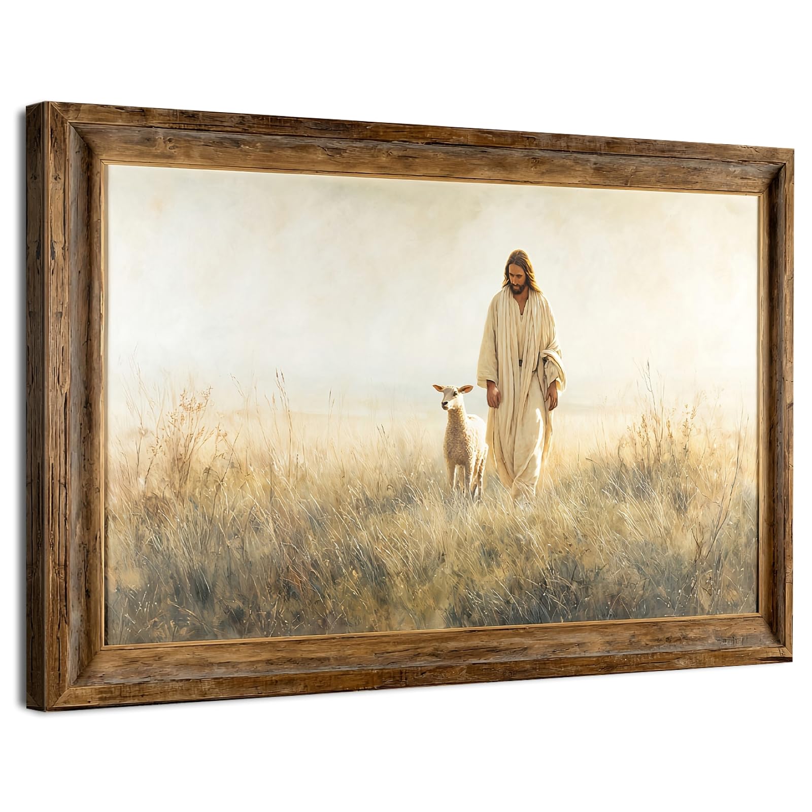 Jesus Canvas Wall Art Jesus Walking with Lamb Wall Pictures Rustic Farmhouse Christian Wall Decor Jesus Bible Verse Religion Prints Painting for Living Room Bedroom Hallway Home Decoration 30x40cm