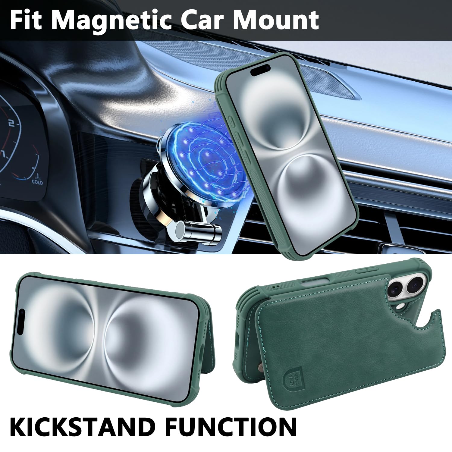 VANAVAGY Compatible for iPhone 16 Plus Wallet Case with Credit Card Holder,Rfid Leather Flip Folio Phone Cover Fits Magnetic Car Mount and Stand with Screen Camera Protector,Forest green - Image 4