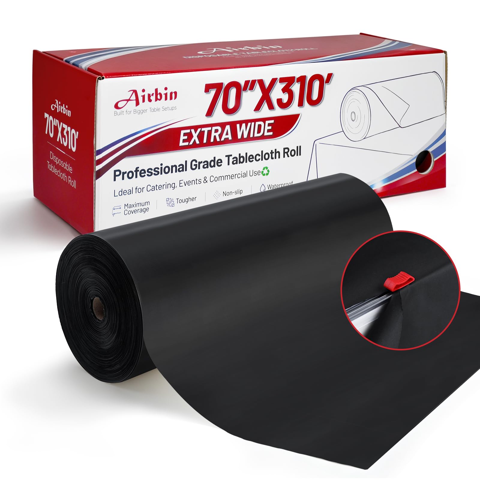 Plastic Table Cloth, 70 in x 310 ft Extra Wide Black Disposable Tablecloth